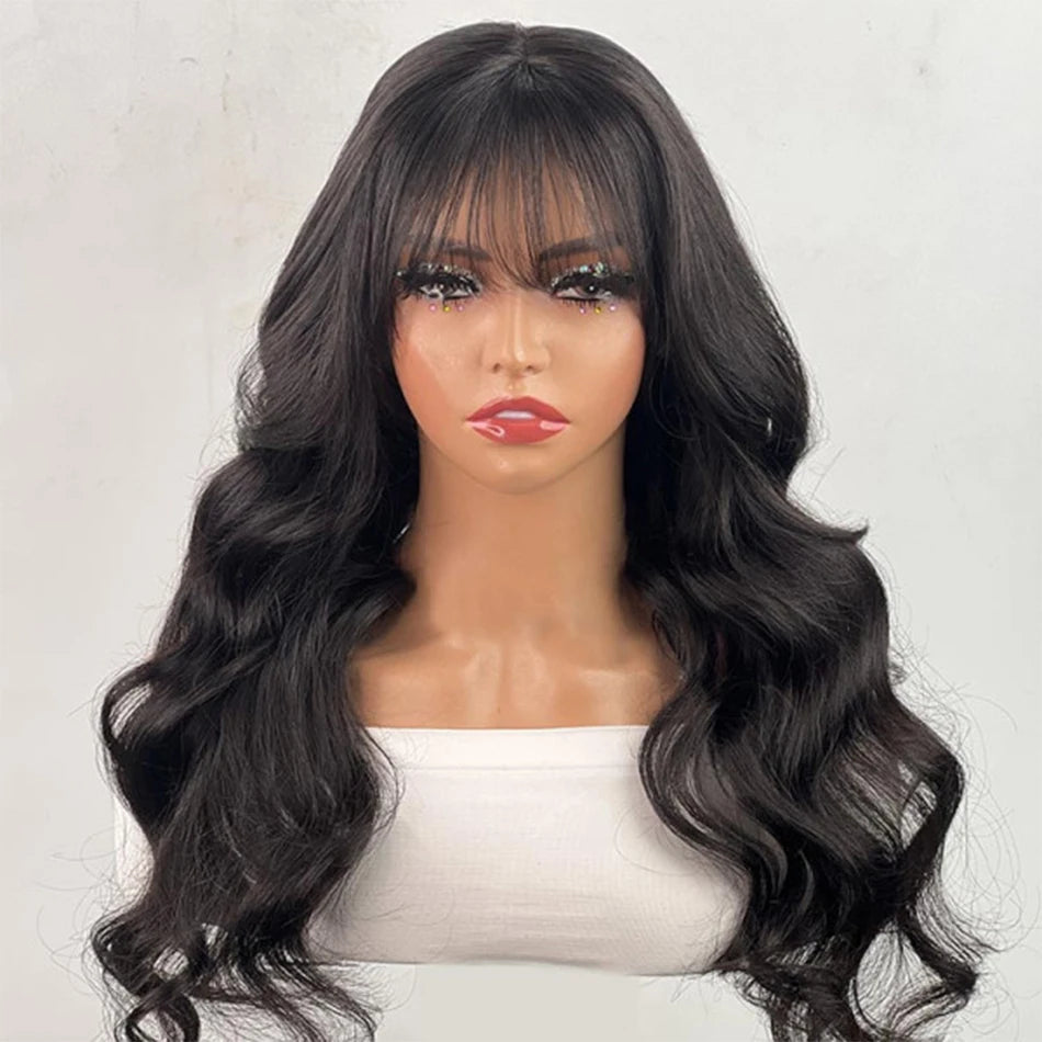 Body Wave Human Hair Wigs with Bangs Short Bob Wig with Bangs Glueless Brazilian Fringe Remy Full Machine Made Wig for Women 180
