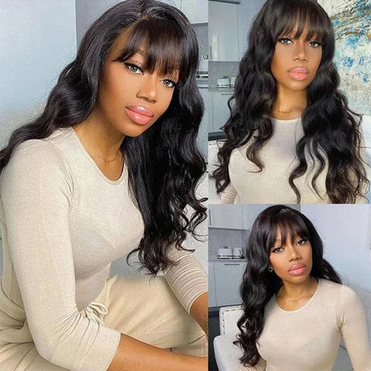 Body Wave Human Hair Wigs with Bangs Short Bob Wig with Bangs Glueless Brazilian Fringe Remy Full Machine Made Wig for Women 180