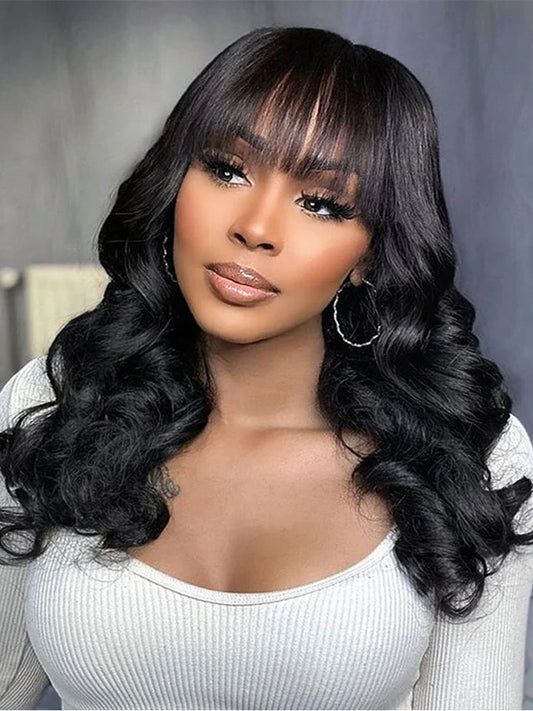 Body Wave Human Hair Wigs with Bangs Short Bob Wig with Bangs Glueless Brazilian Fringe Remy Full Machine Made Wig for Women 180