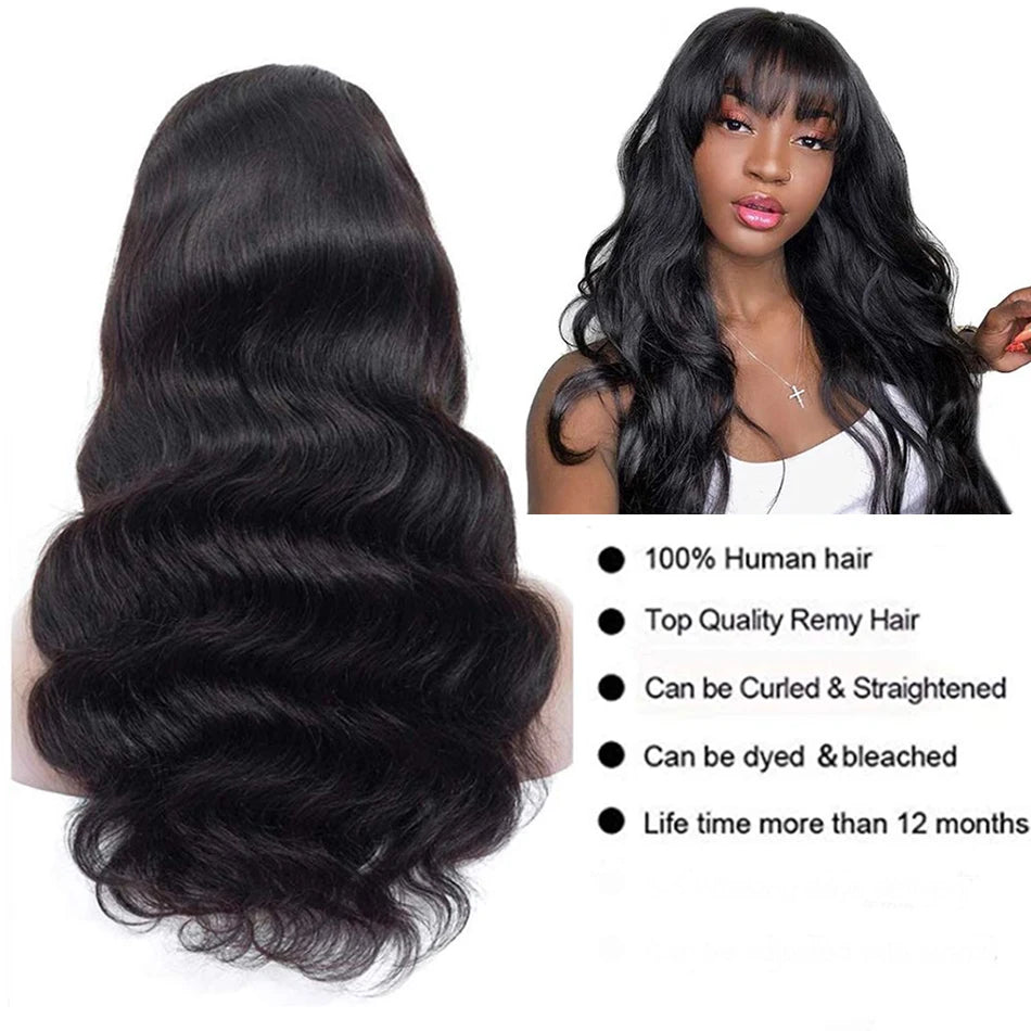 Body Wave Human Hair Wigs with Bangs Short Bob Wig with Bangs Glueless Brazilian Fringe Remy Full Machine Made Wig for Women 180